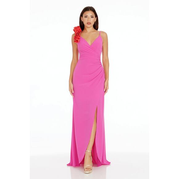 Dress the Population Camelia Fuchsia Poppy Ruffle Gown Size L NWT